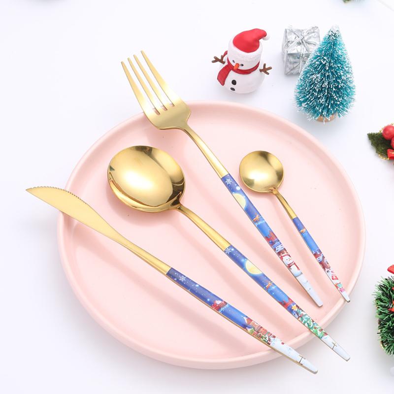 Jule Bestikksett i Rustfritt Stål Kreativ Kniv, Gaffel, Skje Bærbar 4 Deler Middagssett Julegaveeske
