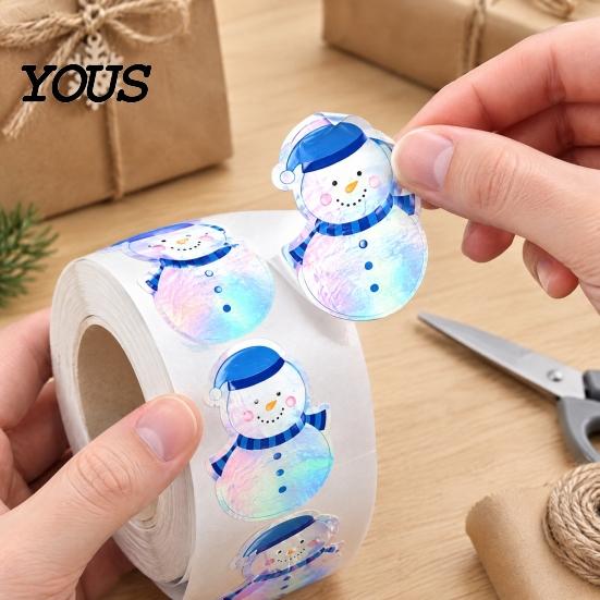 Self-adhesive Coated Paper Labels 500PCS Shiny Snowman Stickers, Waterproof Self Adhesive Labels, Round Roll of 500 Christmas Tags Decorative