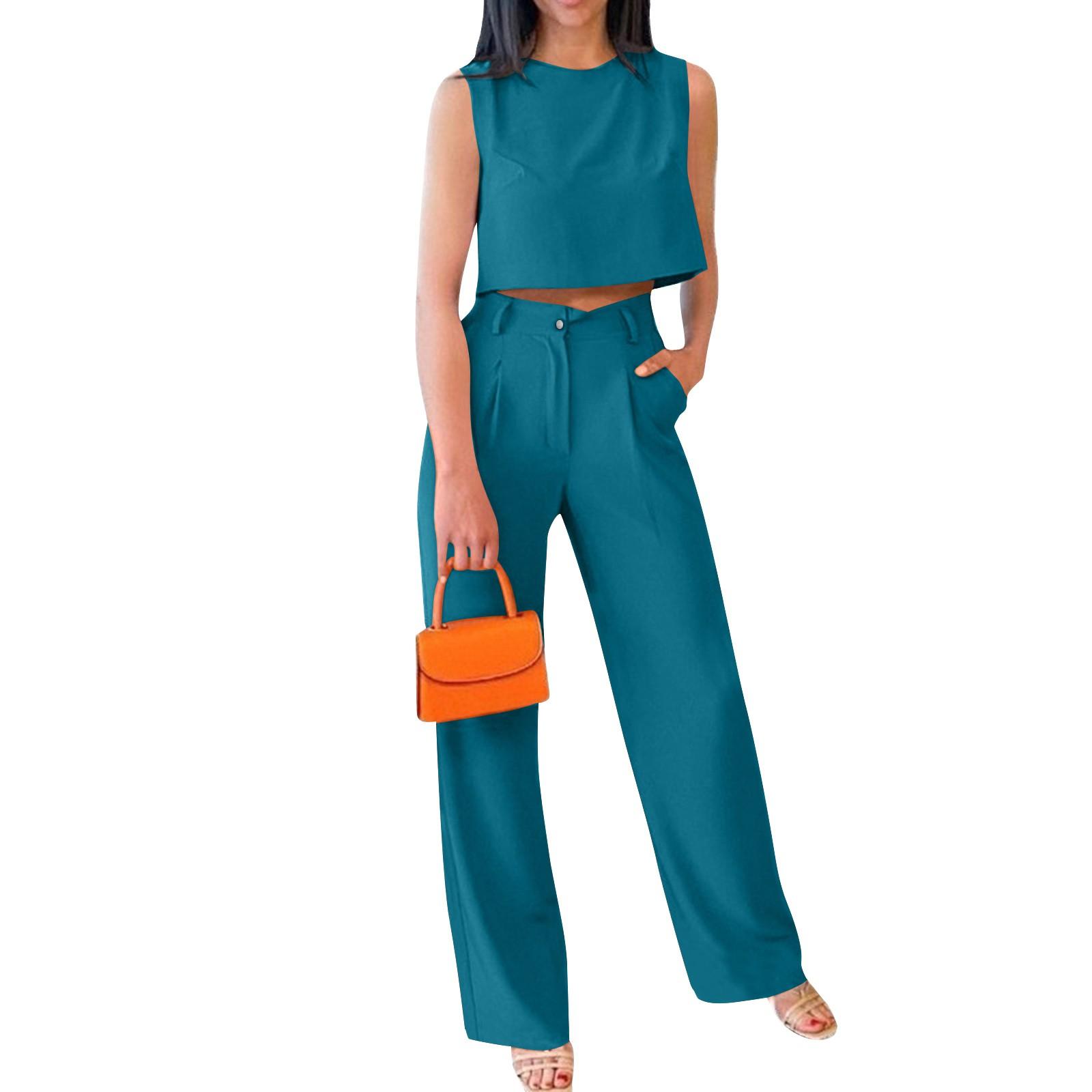 

Новый сексуальный модный женский однотонный жилет без рукавов, топ, брюки, костюм M синий