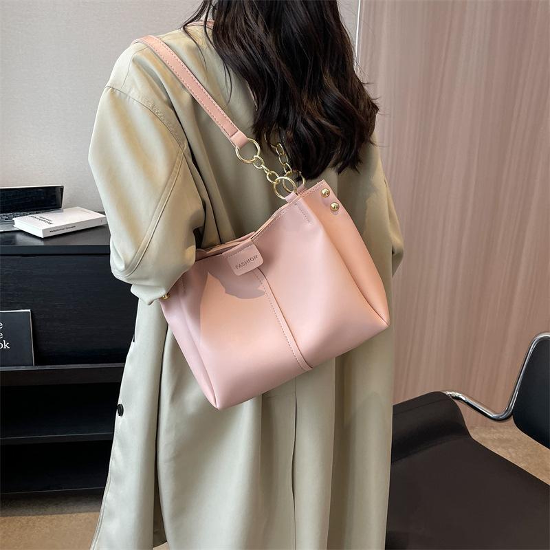 Fashion Large Capacity Commuting Pack Summer New Pu Leather Solid Color Simple One Shoulder Bucket Bags Casual Tote Bag