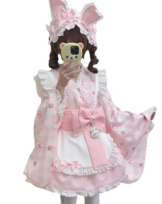 Conjunto de Vestido XHSUKADO e Perfeito para e outros Japoneses Inclui um Mini Coelho e Xadrez Fofo Tamanho Longo Feminino 4 Peças (primavera, verão, outono) - Quimono,