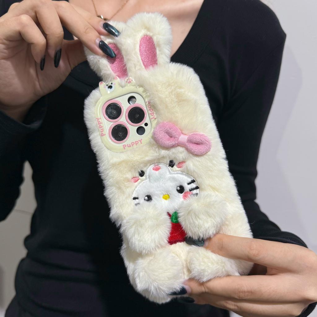 Cartoon Cute 3D Bow Plush Bunny Kawaii Phone Accessories for iPhone 16 Pro Max