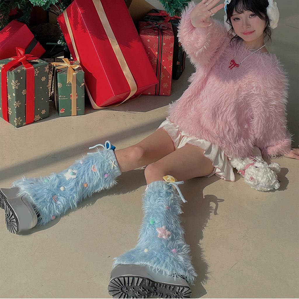 Winter Niedlich Bunt Stern Schleife Flauschig Lange Strümpfe Beinstulpen Ästhetisch Stiefelsocken Plüsch Warm Beinstulpen Abdeckungen