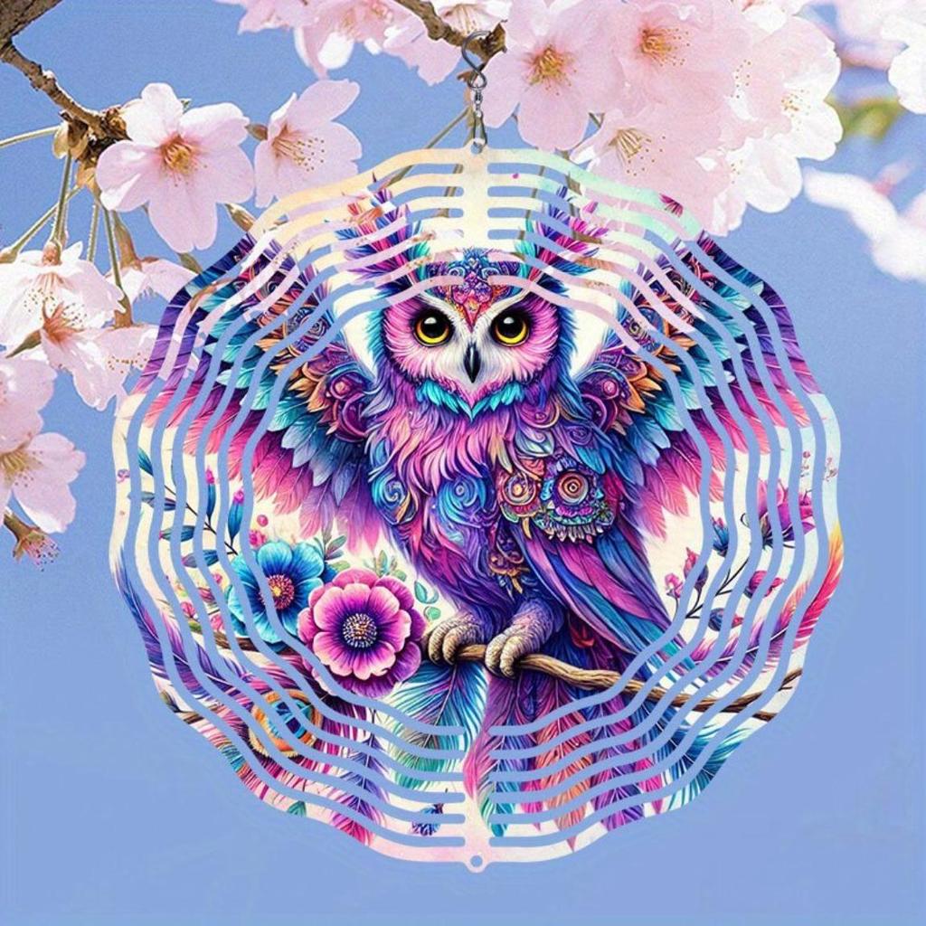 Metal Rotating Wind Chime with Owl and Floral Design Colorful Outdoor Garden Decor Soothing Sound No Electricity Needed Holiday Home