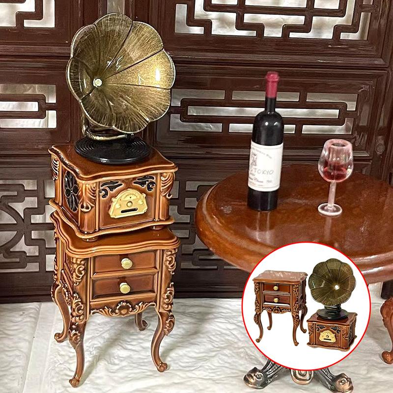 2 Teile/Satz 1:12 Puppenhaus Miniatur Retro Mini Phonograph Schrank Set kann Songs spielen Puppe Haus Wohnzimmer Möbel Dekor Spielzeug