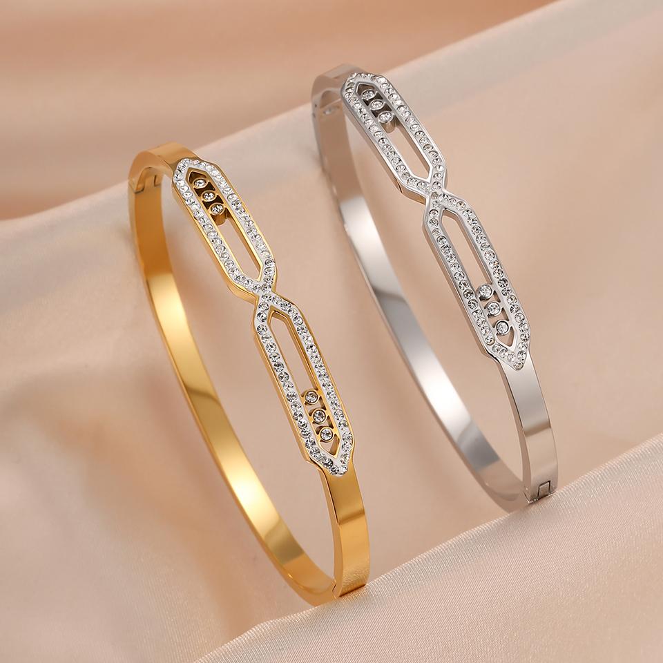Htpwe Stainless Steel Crystal-shaped Zirconium Hollow Bracelet Women Plated 18k Gold Couple Holiday Gift Bracelet Party Zircon
