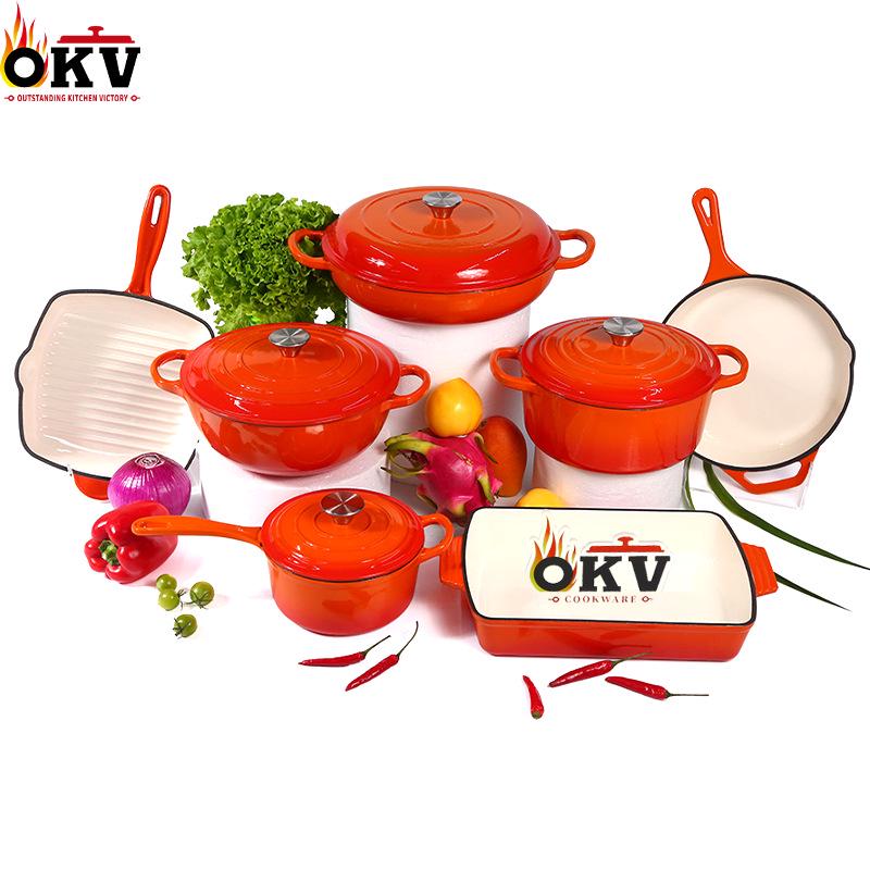 Emaljerat gjutjärn 7-delars set: Soppgryta, Mamma-gryta, Stekpanna, Non-stick-panna