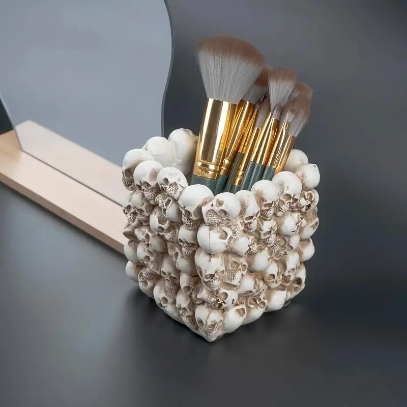 WTEMPO Gotische Schädel Schreibtisch-Stiftehalter Make-up-Pinselhalter Stift- & Zahnbürsten- & Make-up-Pinsel Aufbewahrungsbehälter Halloween-Dekorationen
