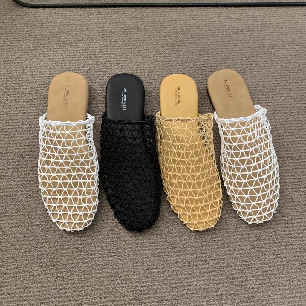 Summer Outer Wear Popular Mesh Woven Breathable Bag Head Half Slippers Women's 2025 New Versatile Outer Wear Fishing Net Sandals