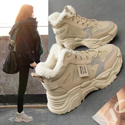 Fluwelen Hoge Sneakers voor Dames 2025 Nieuwe Wintermode Dikke Zolen Vetersportschoenen, Antislip en Warme Katoenen Schoenen