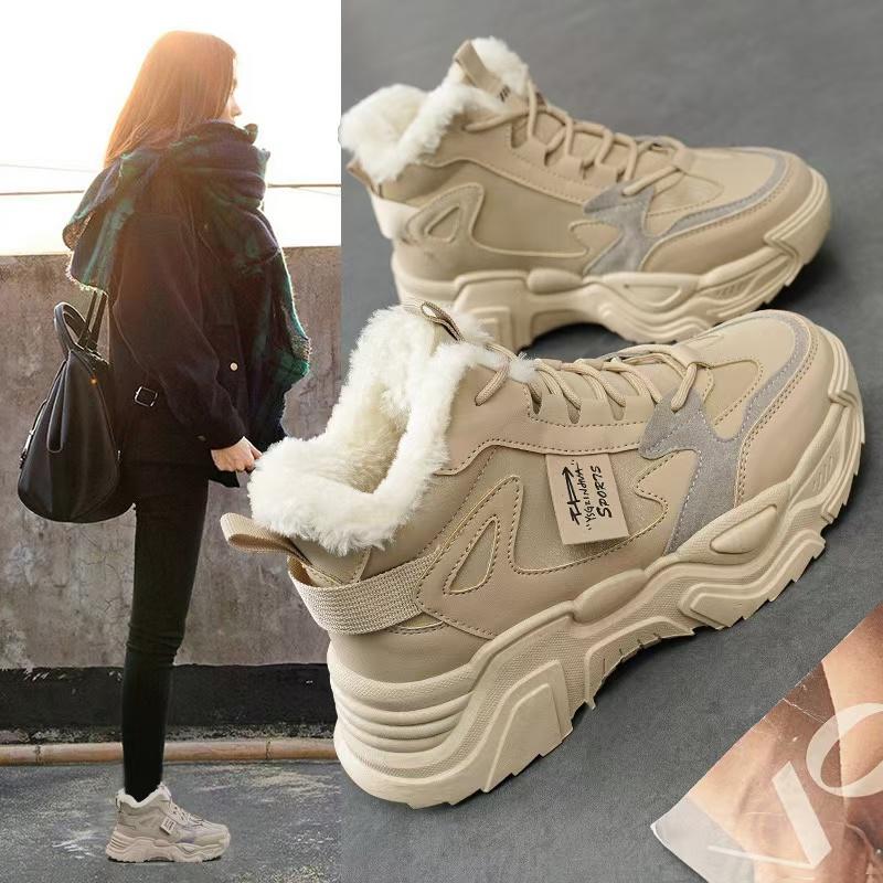 Velvet High Top Shoes for Women 2025 New Winter Fashion Thick Soled Lace Up Sports Shoes, Anti Slip and Warm Cotton Shoes