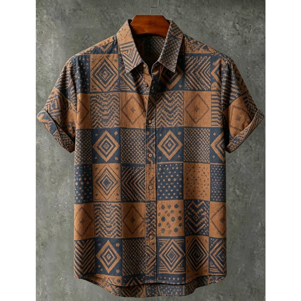 Camicia da uomo a maniche corte stampata geometrica con ritratto tribale, Per viaggi casual, Viaggi in spiaggia e stile vacanza etnica