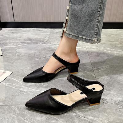 Baotou Medium Heel Cool Slippers Female Pointed Head Thick Heel Half Slippers Tide