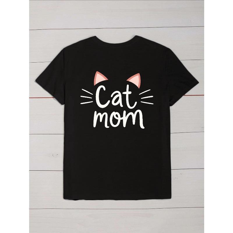 Women's Plus Size Cat Mom Graphic T-Shirt - Funny "Cat Mom" Text Athletic Top - Soft Breathable Shirt for Gym, Casual Outfits