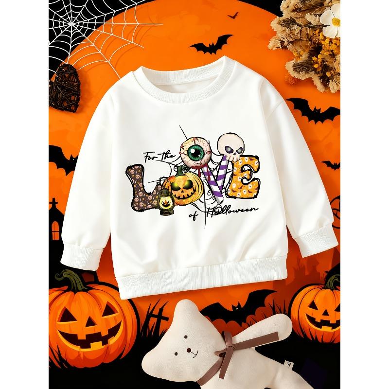 Kids Crewneck Sweatshirt, Halloween LOVE Text Made of Eyeballs & Skulls Print 110