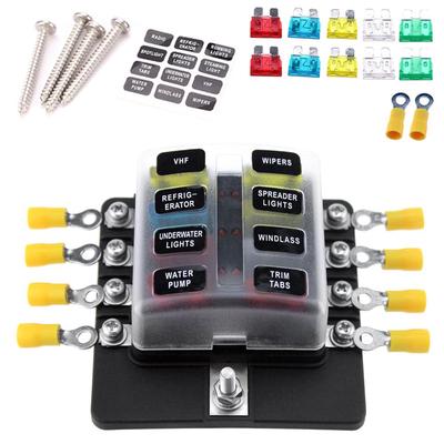 8 Way Blade Fuse Box Holder Fuse Blocks with LED Indicator 10Pcs Fuses 10Pcs Connector Terminals for