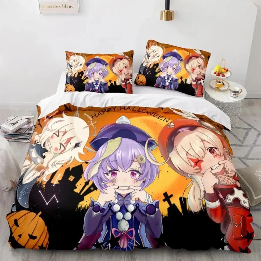 Anime Genshin Impact Xiao SUCROSE Qiqi Bedding Set Printed With Pillowcase Bed Duvet Cover Soft Queen King Size Bedclothes Home