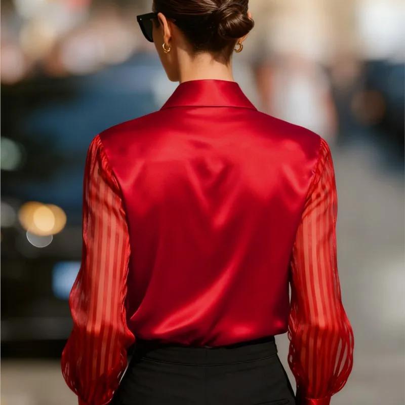 Autumn Long Sleeved Satin Shirt For Women Fashion Elegant Turn-down Collar Loose Transparent Spliced Blouses And Tops