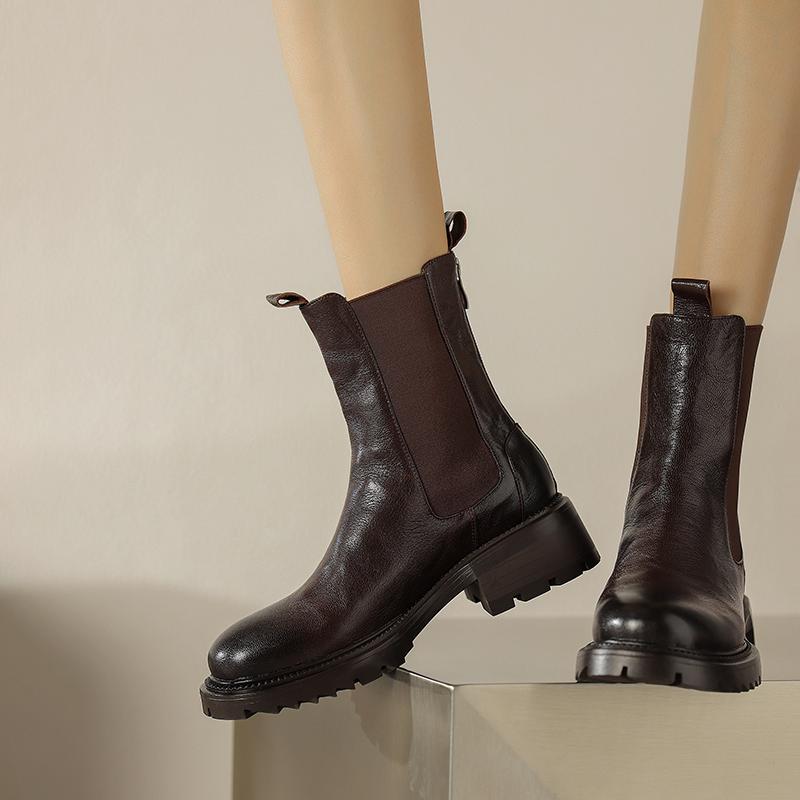 Krazing Pot Cow Leather Autumn Winter Shoes Round Toe Platform Plus Size Basic Clothing Thick Med Heels Slip On Chelsea Boots Women Ankle Boots