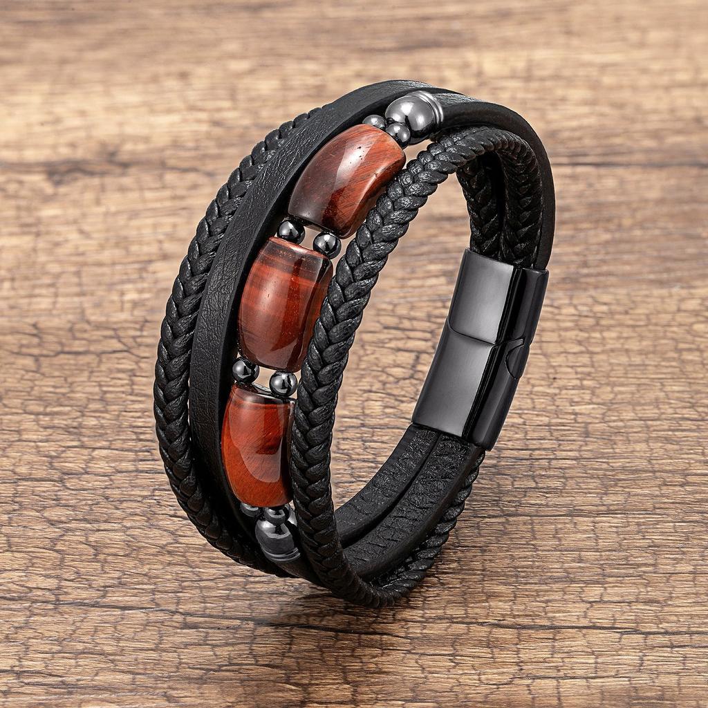 2026 Tiger's Eye Stone Bracelet European and American Men's Woven Leather Multi-layer Hand Rope Retro Jewelry