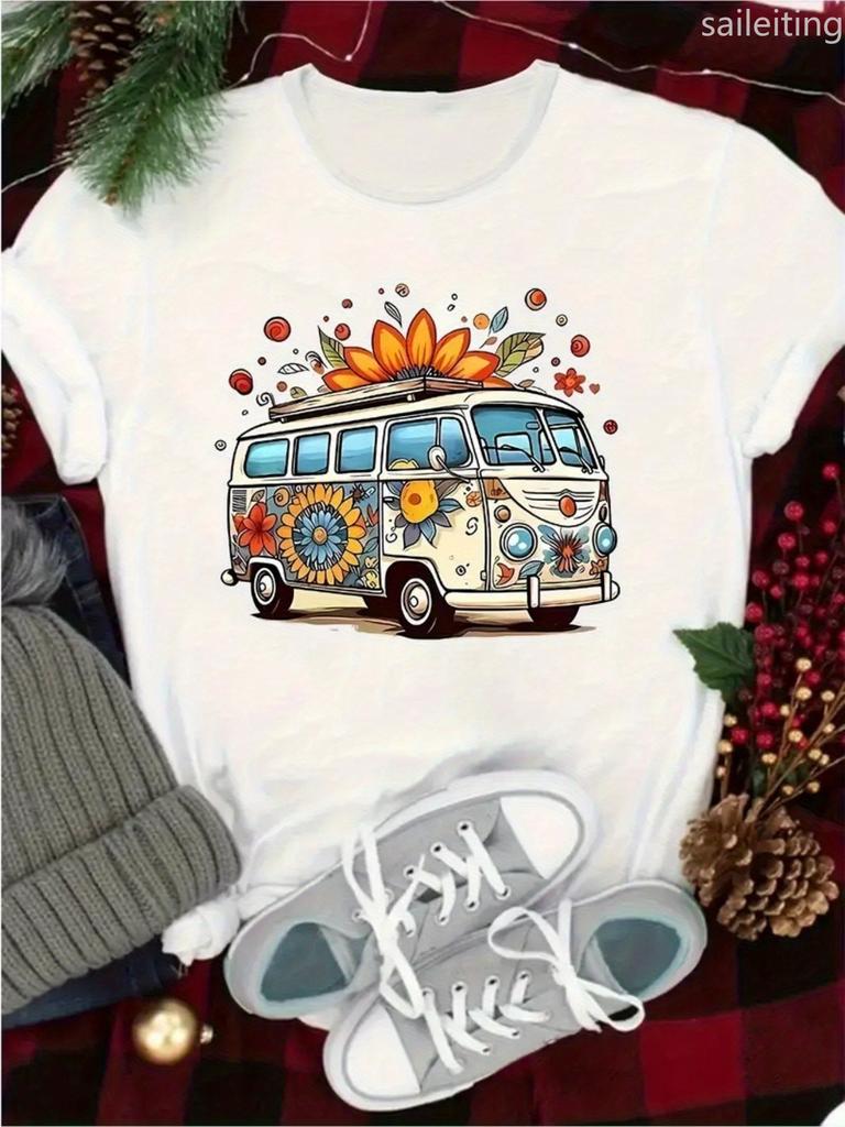 WomenS Vintage Van Graphic Black Retro Floral & Geometric Print Tee Harajuku Sleeve Women's Clothing Street Aesthetic Clothes