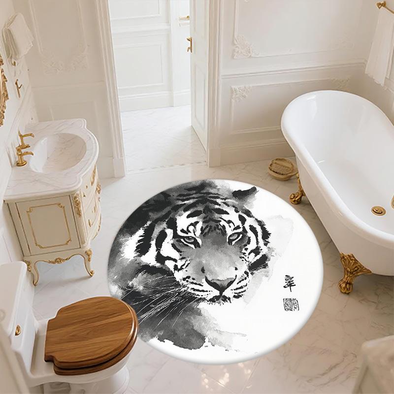Black and White Ink Tiger Round Area Rug,Carpet Rug for Living Room Bedroom Sofa Playroom Decor,Non-slip Floor Mat