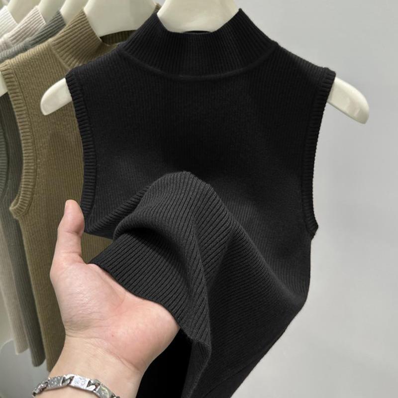 Turtleneck Sleeveless Sweater Slim Fit Pullover Vest Women's Autumn Ribbed Knitted Base Layer Sleeveless Top