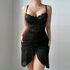 Damen Spitzenkorsett Slipkleid Spaghettiträger Raffung Netz Schlitz Minikleid Sexy Nachtwäsche Party Bodycon Kleider