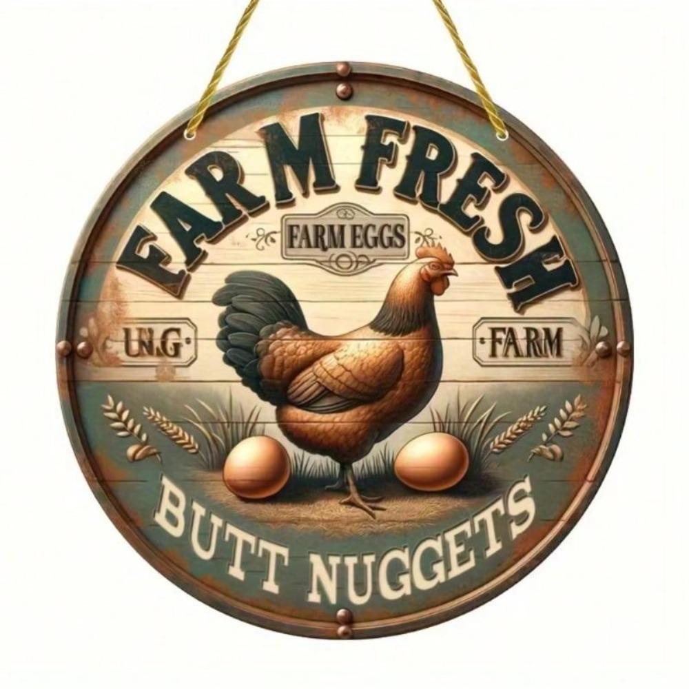 Vintage Metal Tin Sign Farmhouse Chicken Coop Decor Round Wall Art