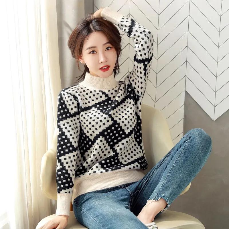 Sweater for Women Autumn Winter Thickened Pullover Warm Knitted Half-high Collar Long Sleeve Oversize Jumper Tops