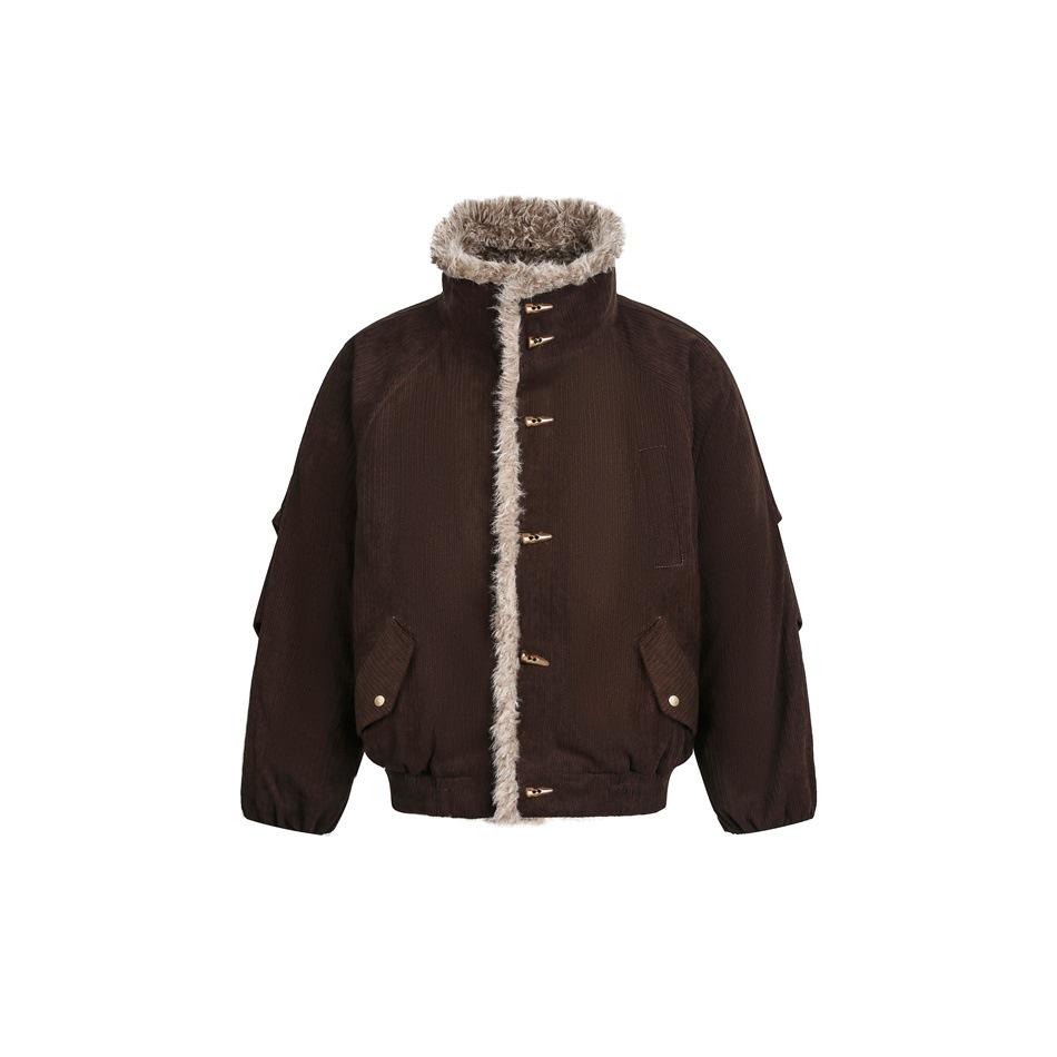 

YUU Men s Winter Cotton Jacket with Carved Eagle, Fur Collar, and Horn Buckle - Loose Fit Retro Corduroy W368 XL