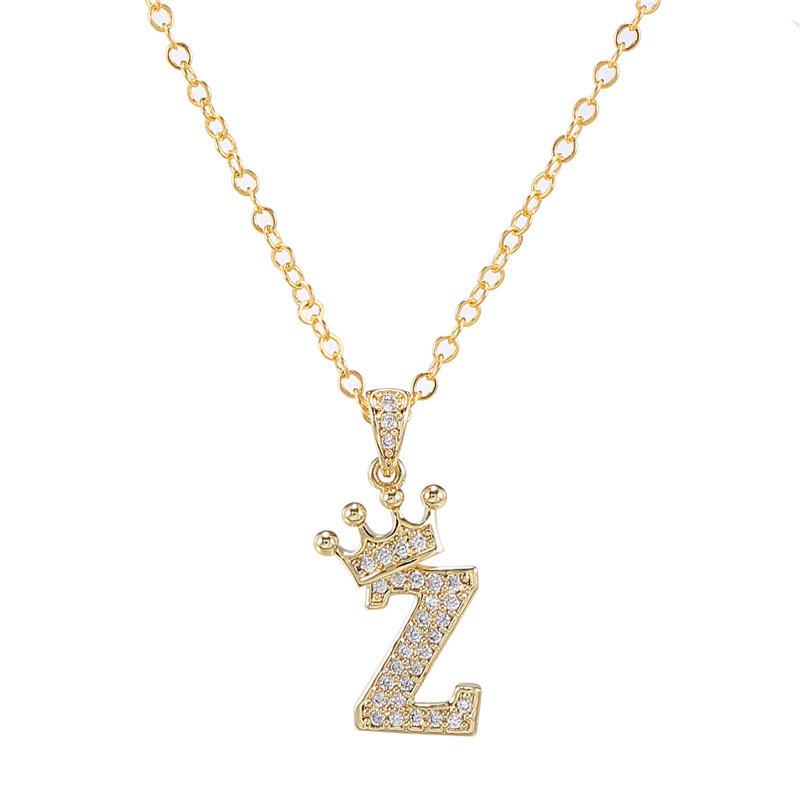 Fashion Cubic Zirconia Crown Letter Pendant Necklace Gold Hip Hop Punk Alphabet Jewelry