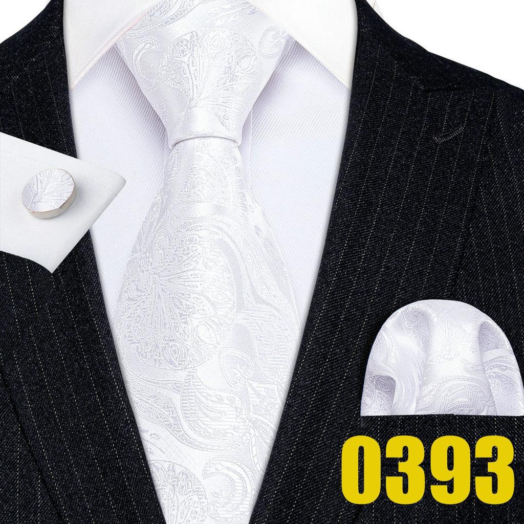 Barry.Wang Męskie beżowe białe krawaty w paski/paisley/kwiatowe krawaty i zestaw spinek do mankietów poszetki