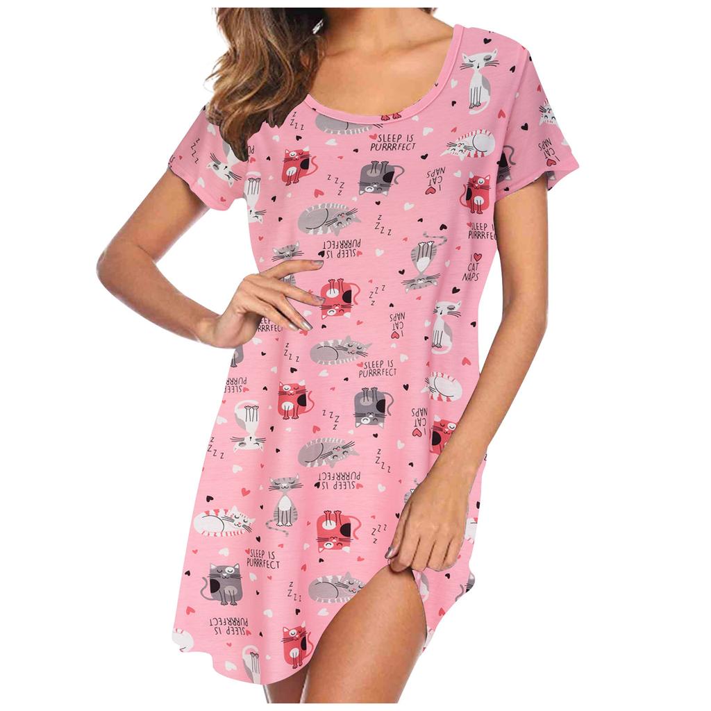 Women Short Sleeve Cartoon Print Nightgown Casual Straight Loose Home Wear Lounge Mid-length Sleep Dress