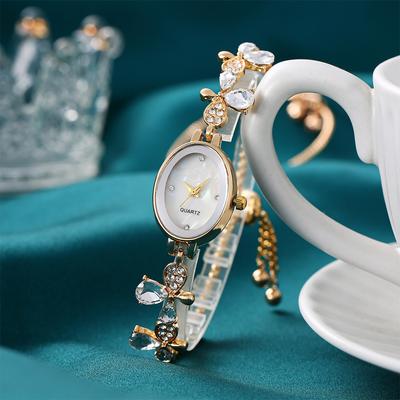 Montre pour femme Ovale Papillon Diamant Bracelet Mode Quartz Casual Or Argenté Cadran Strass Exquis
