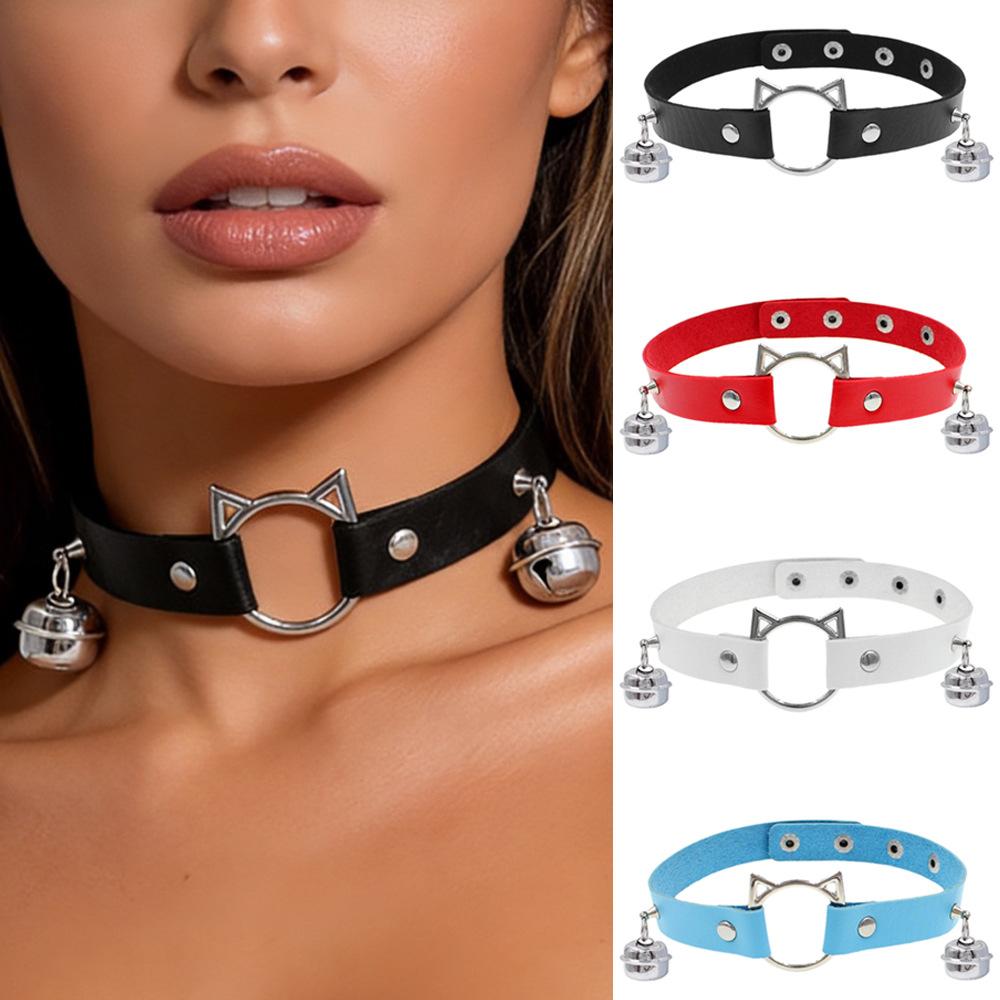 Eco-friendly PU Leather European and American Cartoon Cat Head Bell Collar Dark Punk Wind Choker Necklace Necklace Female