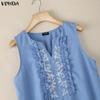 VONDA Summer Women O Neck Sleeveless Embroidery Casual Long Ruffled Tank Dress