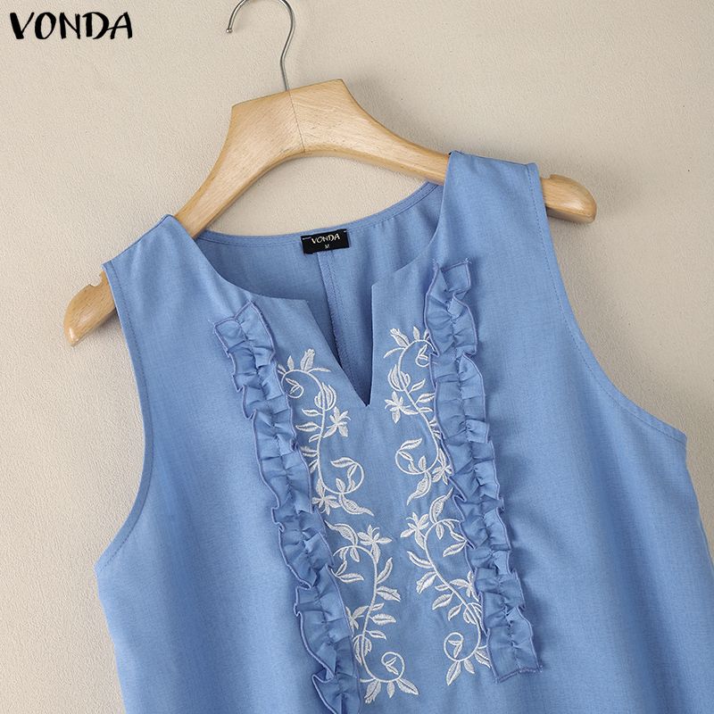 VONDA Summer Women O Neck Sleeveless Embroidery Casual Long Ruffled Tank Dress