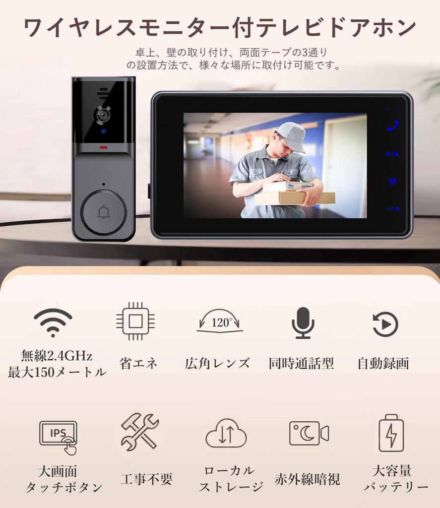 ZAIDER Video Door Phone with No Installation Required Automatic Night Wireless Door Up to 150 Infrared Night LED USB 3 Installation Japanese