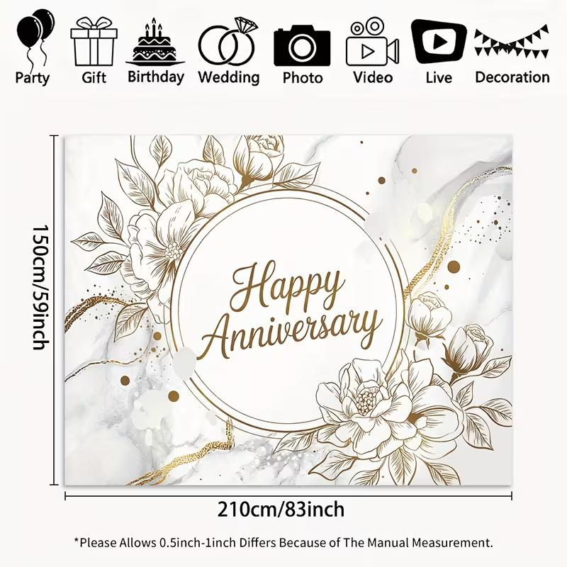 

2D Happy Anniversary Backdrop White Marble Gold Floral Photography Background 47.2x31.5inch/120*80cm