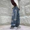 Mens Fashion Printed Jeans Floral Denim Mopping Trousers Korean Style High Street Loose Hip Hop Wide-leg Jean Pants