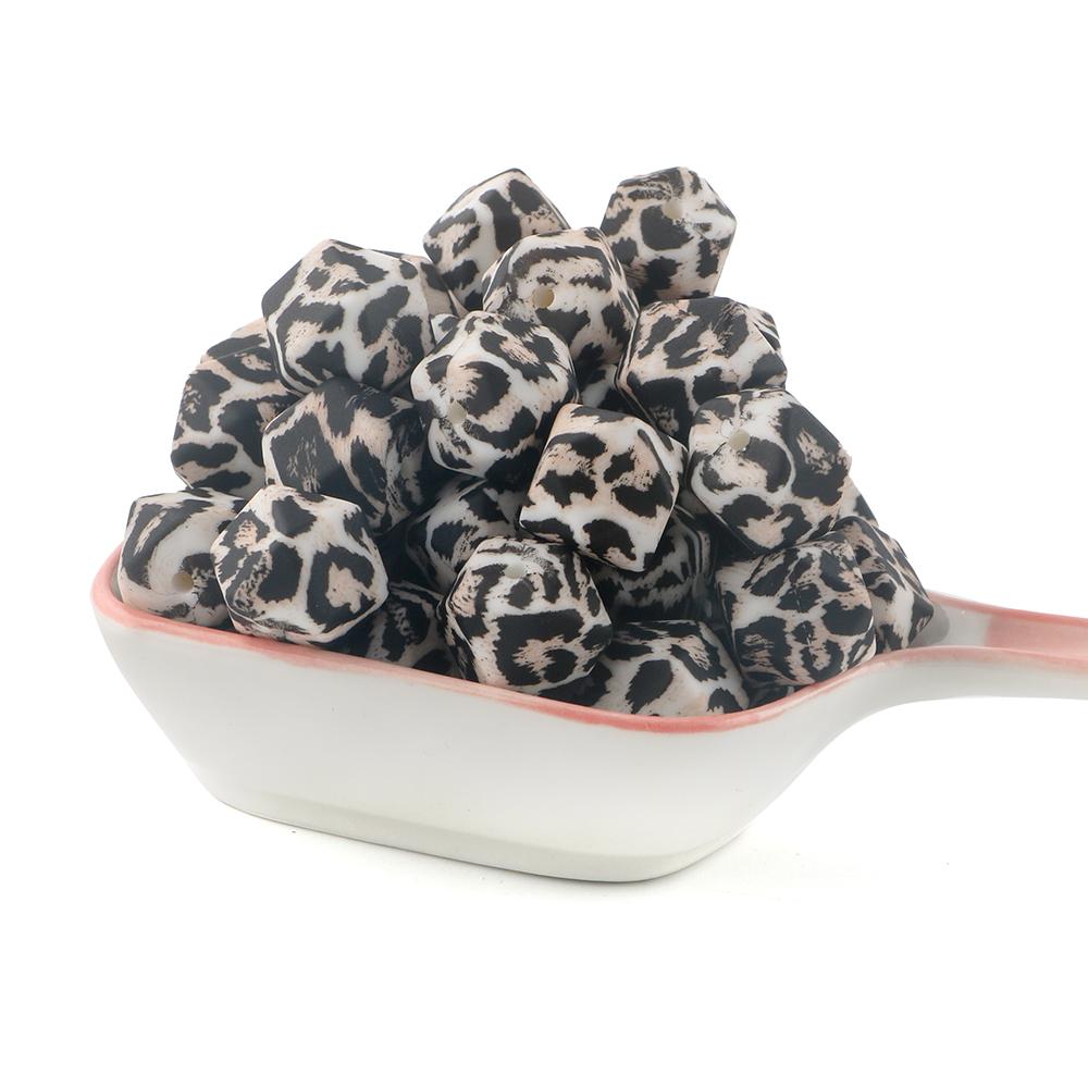 10Pcs 14mm Printed Hexagon Silicone Beads Leopard Bead For Jewelry Making DIY Beadable Pen Keychain Bracelet Accessories