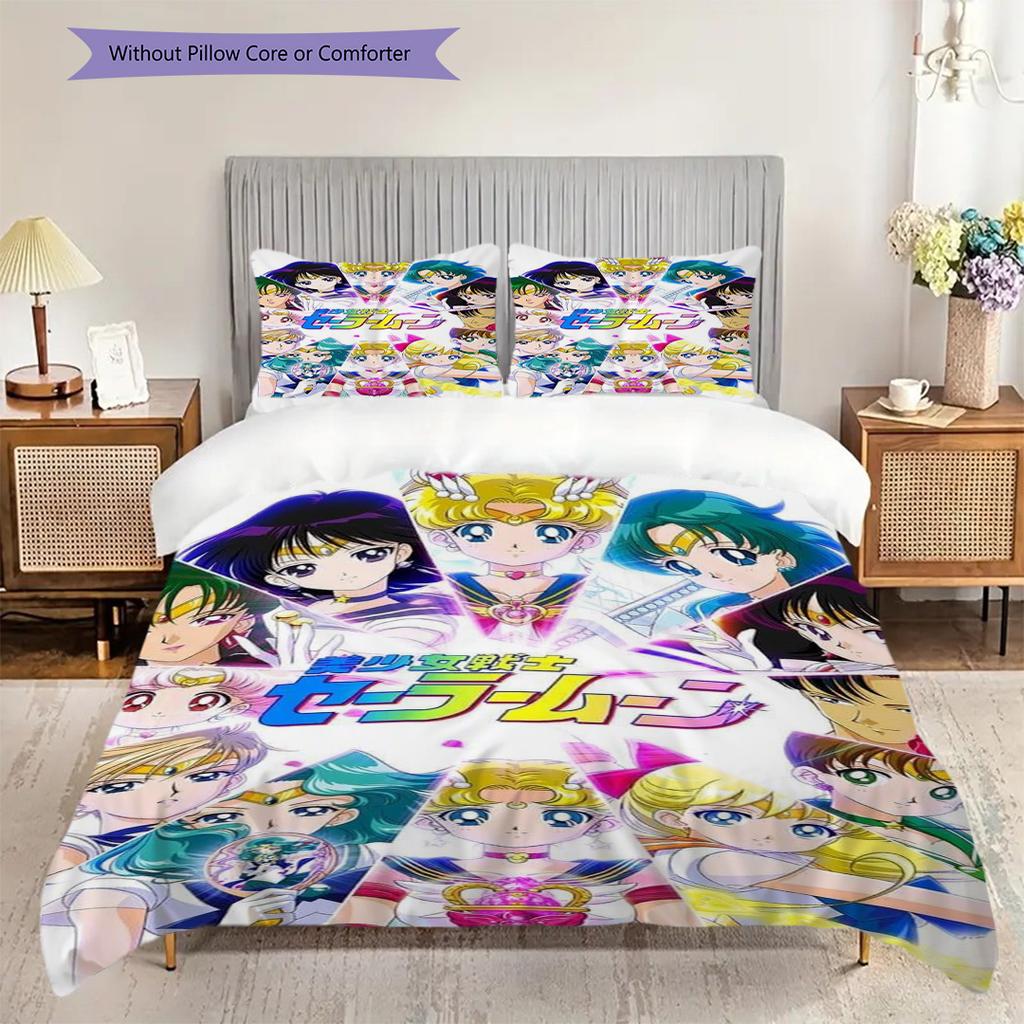 Süßes Cartoon-Thema Sailor Moon Tsukino Usagi Cartoon bequemer Heim-Bettbezug und Kissenbezug (1 * Bettbezug + 2 * Kissenbezug, ohne Füllung)A1