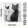 1Pc Playful Black Cat Shower Curtain With Green Eyes, White Speckled Fur & Whimsical Floral Bird Design - Machine Washable Polye