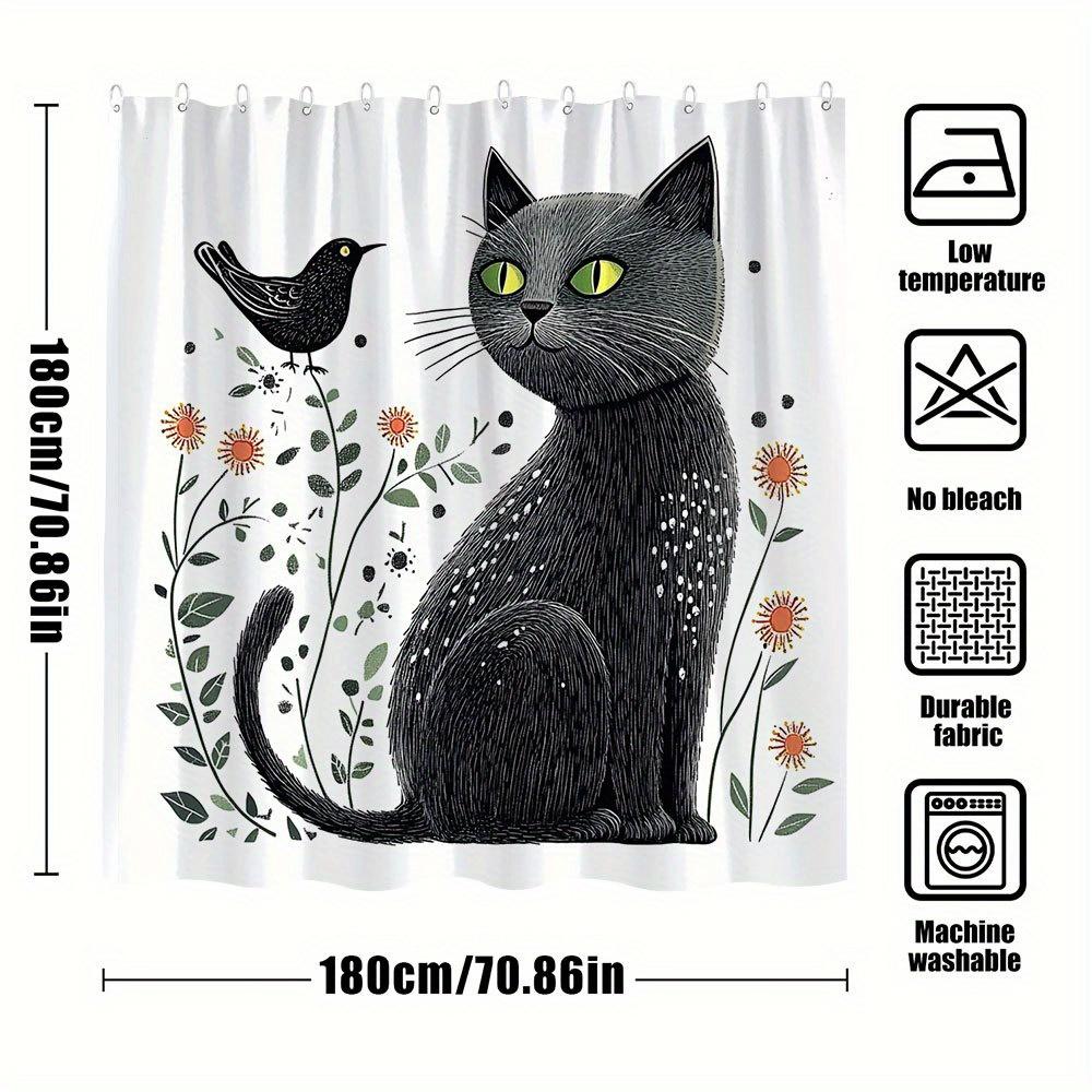 1Pc Playful Black Cat Shower Curtain With Green Eyes, White Speckled Fur & Whimsical Floral Bird Design - Machine Washable Polye