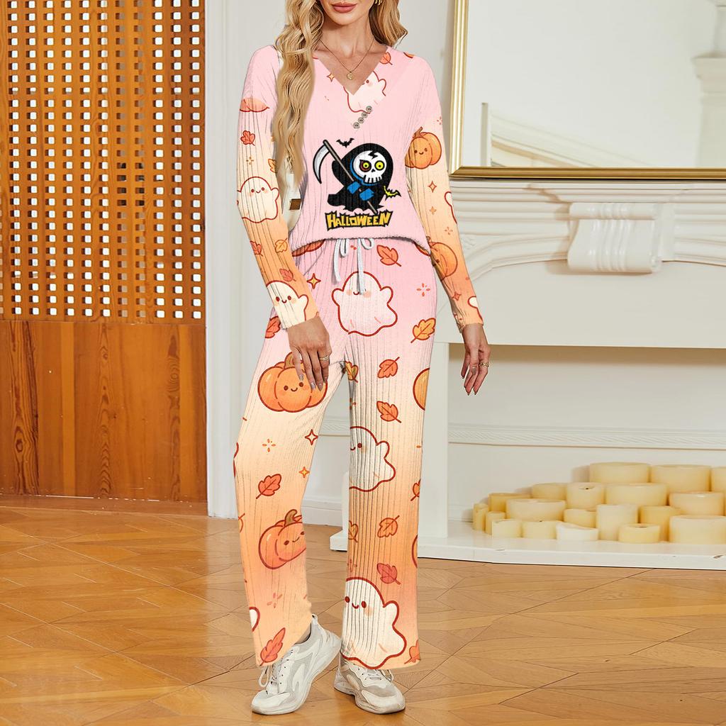 Women's Halloween Print V-Neck Long Sleeve Pajama Set with Pockets Loose Fit Sleepwear Set