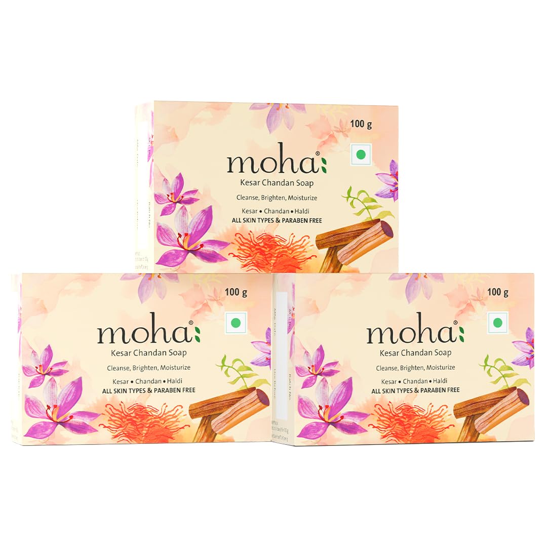 

Moha Kesar Chandan Soap Bar - 100g (Pack of 3) | Enriched with Saffron & Sandalwood | Soap Bar for Glowing & Even Toned Skin | Soothing Brightening Ba