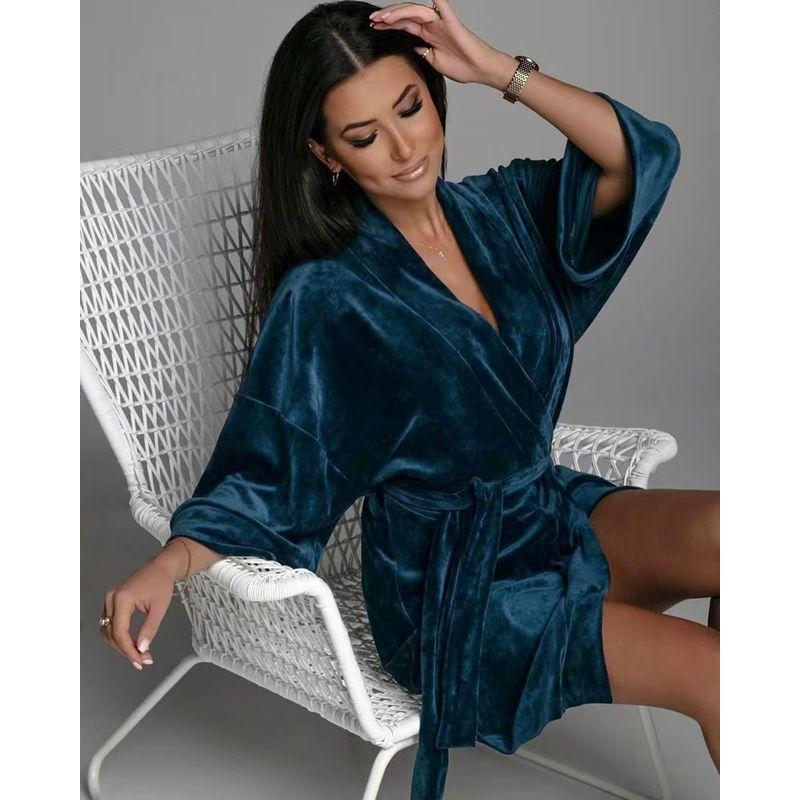 Fashion Style Cardigan 3/4 Sleeve Loose Pure Color Tied Dress Homewear Lace-up Loose Dress