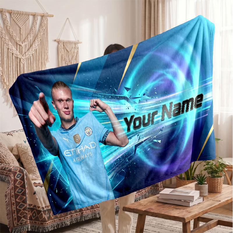 Erling Haaland Personalisierte Fleecedecke Mit Fußballlogo, Individueller Name Text Weich Warm Wohnzimmer Überwurfdecke