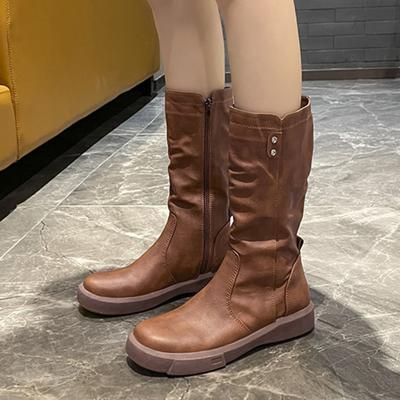 Ladies Ankle Boots Ladies Shoes Zipper Mid Boots PU Leather Long Boots Shoes Women Fashion Autumn Winter Low Heel Boots Zapatos